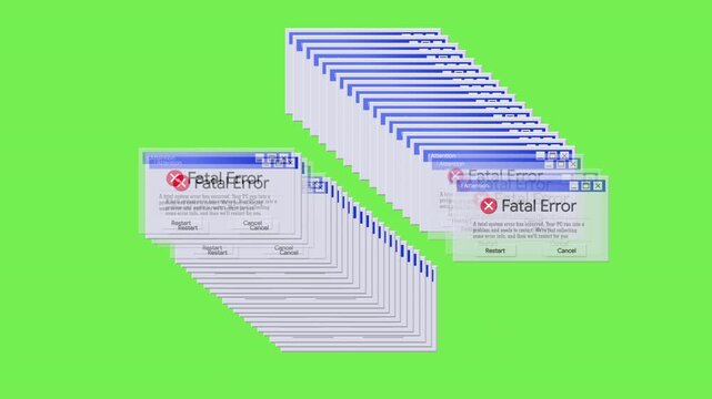 Cascading Fatal Error Message Pop-ups on Green Screen. Animated Computer System Failure Sequence