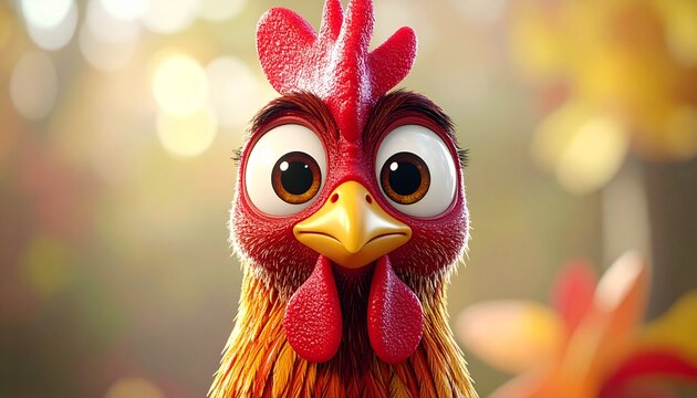 Cartoon Chicken with Bright Red Comb.