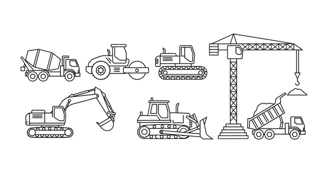 Heavy Construction Equipment Outline Icons Set. Vector Illustration of Crane, Excavator, Bulldozer, Cement Mixer Truck, and Road Roller Machinery.