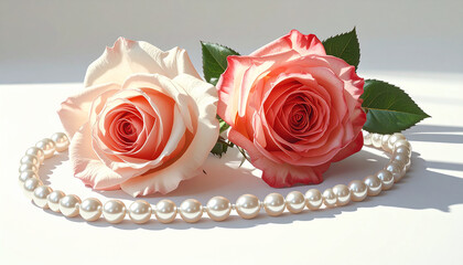 Two beautiful pink roses delicately intertwined with a lustrous string of pearls, symbolizing elegance, romance, and timeless affection