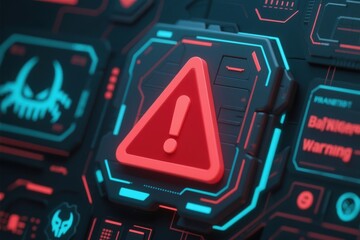 cybersecurity awareness campaign concept. Warning sign on a futuristic digital interface.