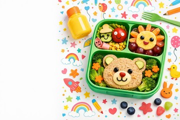 Fototapeta premium Fun childrens bento box with bear sandwich and fruit art. Creative healthy school lunch for kid. Meal preparation