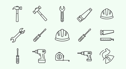 DIY and Construction Tools Vector Line Icons. Collection of Outline Equipment: Hammer, Wrench, Drill, Saw, and Hard Hat Symbol