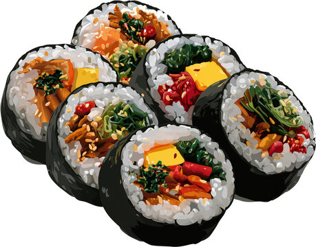 Korean rice rolls gimbap assortment with colorful ingredients illustration
