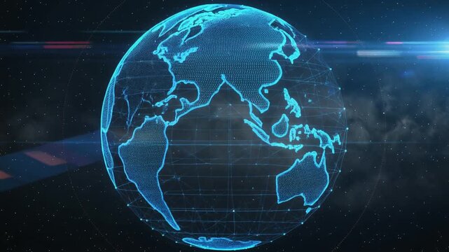 A glowing blue digital wireframe globe showing continents against a dark, futuristic background with light effects.