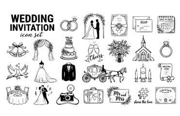 Obraz premium Wedding Invitation Card Elegant Bridal Ceremony Marriage RSVP Save Date Bride Groom Vector Icon Set - Rings Reception Line Art Bundle