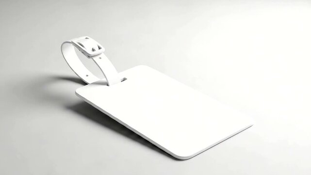 Blank white luggage tag with strap on a light gray background.