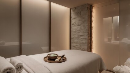 Calm spa treatment room, neutral tones, modern design