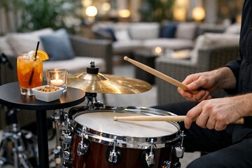 Fototapeta premium Man playing drums with drumsticks in a cozy indoor setting. Evening entertainment and live music concept for hospitality. Vibrant cocktail, candle