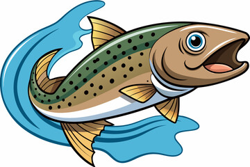 Fototapeta premium A colorful cartoon trout swimming in water with a dynamic splash