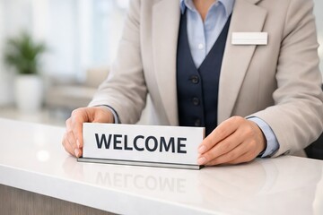 Obraz premium Woman reception holding welcome sign on desk. Hotel or business reception concept for guest greeting and hospitality