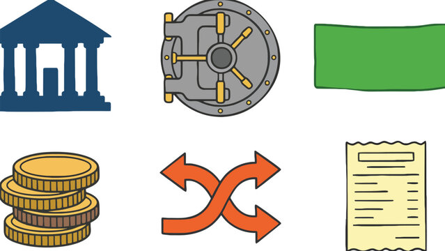 A graphic illustration of banking and finance concepts with various icons.