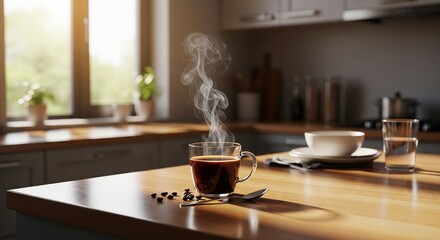 Hot coffee in a transparent mug on a wooden kitchen counter. Steaming beverage on a sunny morning. Cozy atmosphere and refreshment concept