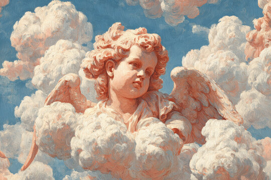 Seamless pattern of vintage cherub putti, classical European Renaissance art style, soft oil painting texture, pastel clouds, angelic children with wings, traditional fine art aesthetic