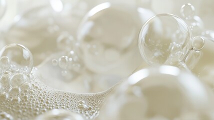Fototapeta premium Macro Abstract Background of Golden Bubbles and Foam on Liquid Surface bubbles foam liquid macro spa