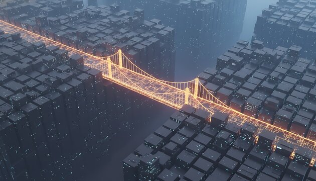 Digital bridge connects city blocks with glowing orange light. Futuristic urban landscape shows network grid and data flow. Concept for tech progress and smart cities. Futuristic Urban Technology 
