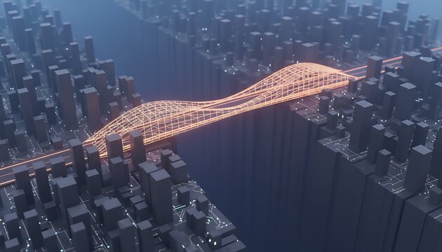 Digital bridge connects city blocks with glowing orange light. Futuristic urban landscape shows network grid and data flow. Concept for tech progress and smart cities. Futuristic Urban Technology 