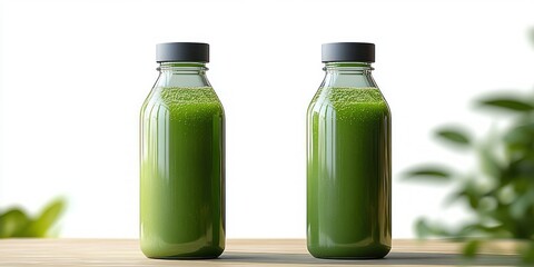 Two glass bottles filled with green juice on a wooden table with blurred leafy background, fresh healthy and refreshing minimalist scene
