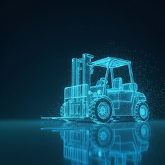 3D model of a forklift with glowing lines and particles in a dark space showing digital technology and innovation. High-Tech Industrial Logistics Art