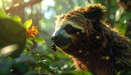 Fototapeta premium Sloth eating leaves in a lush forest environment.