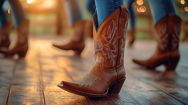 Close-up of embroidered brown cowboy boots and denim jeans on a wooden dance floor with warm string lights, energetic communal country line dancing mood