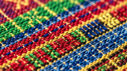 Fototapeta premium Macro View of Colorful Textile with Intricate Weave and Textured Threads