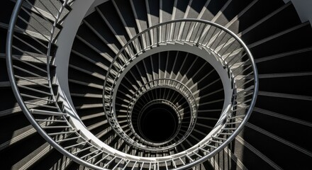 Fototapeta premium Deep spiral staircase descends into shadowy well with contrasting light and dark