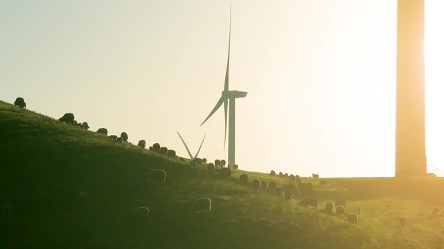 Wind Turbines Farm Sunrise Grazing Sheep