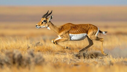 Pronghorn antelope running in the savannah grassland.