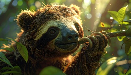 Fototapeta premium Smiling sloth hanging from a tree branch in a lush forest.