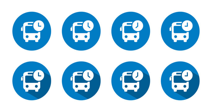Bus schedule icon set with long shadow. Public transportation time and departure symbol