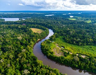 Fototapeta premium Aerial view of a winding river through a lush green forest landscape