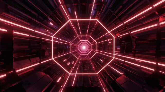 A mesmerizing futuristic tunnel with glowing red octagonal light frames receding into an infinite digital space, creating a deep perspective.