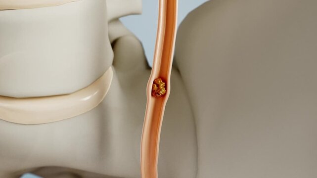 Kidney stones form in the renal pelvis within the kidney, travel down the ureter, become lodged, unable to pass through body.It causes abdominal pain and urinary tract infection. Closeup 3D animation.