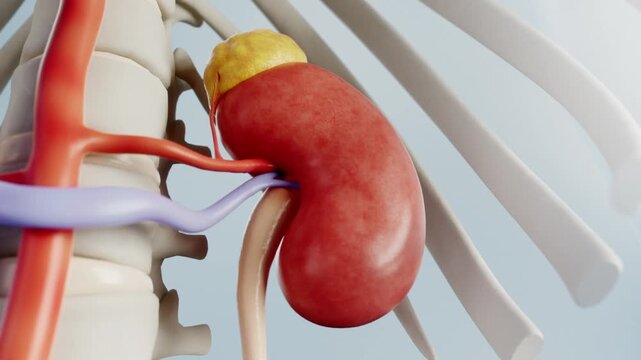 Kidneys produce toxins or kidney stones, which are then excreted and travel down the ureters to the bladder. Traditional Chinese medicine treatment, urinary system treatment, medical 3D animation.