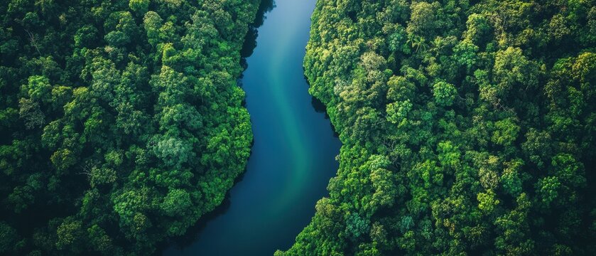 Aerial View Dense Green Forest With Curving River Flowing Through Lush Vegetation
