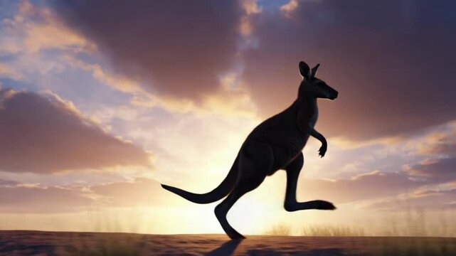 Majestic kangaroo standing on sand dune at sunset with vibrant cloudy sky
