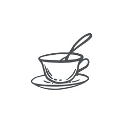 Obraz premium Tea pair, cup and saucer with spoon vector graphic illustration for food design. Hand drawn isolated doodle of cozy teatime items. Black and white clipart for desing menu or recipe, cottagecore vibes.