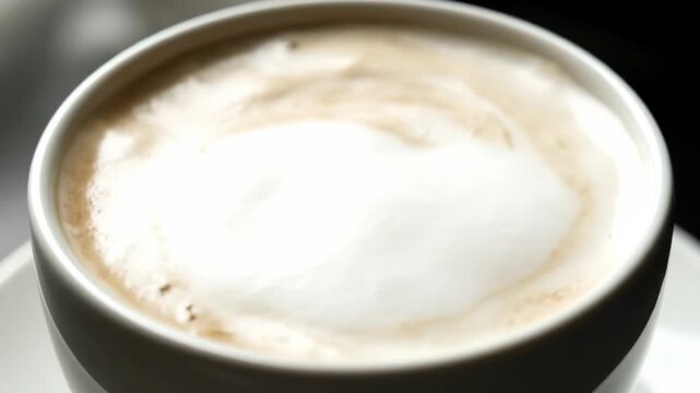 Creamy cappuccino close-up in a white cup, showcasing thick milk foam and delicate latte art swirl pattern for a relaxing coffee break.