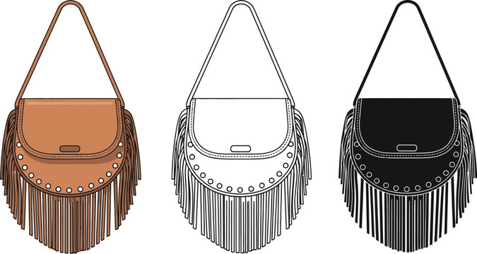 Three different colored purses with fringe and studs on a white background