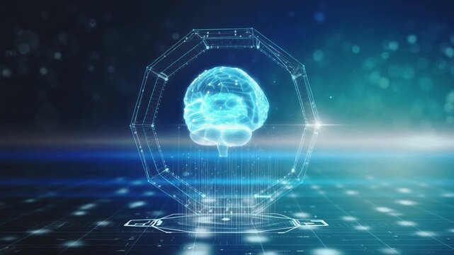 A glowing blue holographic human brain displayed within a futuristic wireframe structure, symbolizing artificial intelligence and advanced technology.