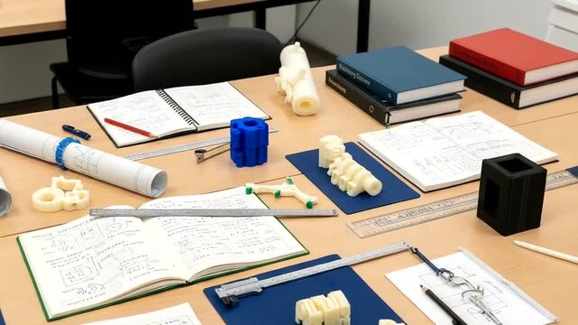 Desk with engineering models blueprints and books for study.