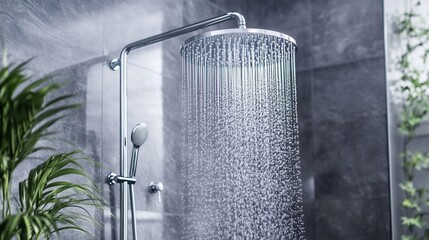 Modern bathroom interior featuring a sleek shower with flowing water and decorative plants adding a touch of nature