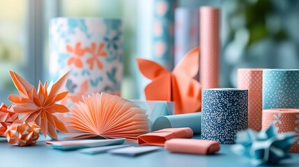 Delicate origami creations and patterned paper rolls artfully arranged on a surface