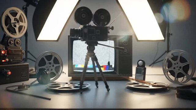 Vintage film production setup featuring an old television, camera, and film reels.