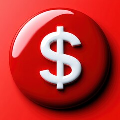 Obraz premium Glossy red circular button with a centered white dollar icon on a red background, reflective highlight and soft shadow, evoking urgency and financial alert