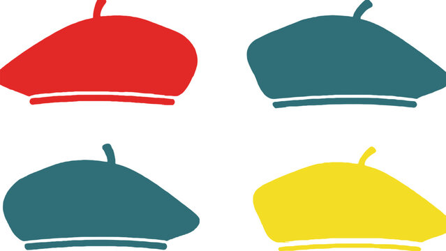 A colorful illustration of four berets on a white background