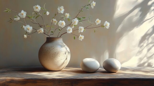 Round ceramic vase with delicate white blossom branches and two smooth stones on a weathered wooden table bathed in soft sunlight, serene and contemplative