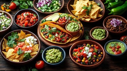 vibrant spread of tacos on corn tortillas with guacamole, salsa and tortilla chips, bowls of black bean and corn salad, diced tomatoes, onions, lime and cilantro on a rustic table, inviting