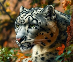 Fototapeta premium Close-up of a focused snow leopard with detailed fur patterns surrounded by autumn foliage in a natural forest setting